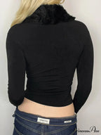 Furry Border Sleek Low-Cut Knitted Long Sleeve Knit Top