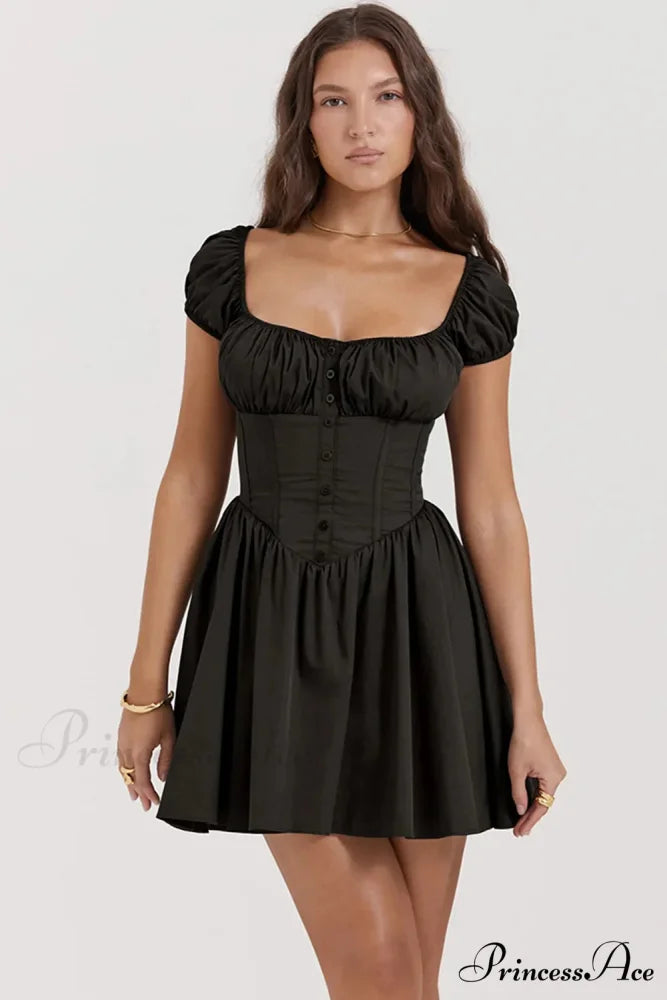 Gathered A-Line Puff Sleeve Birthday Pleated Fairy Corset Gown Mini Dress