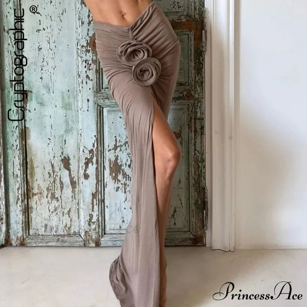 Gathered Divided Flower Ornamentation Long Skirt