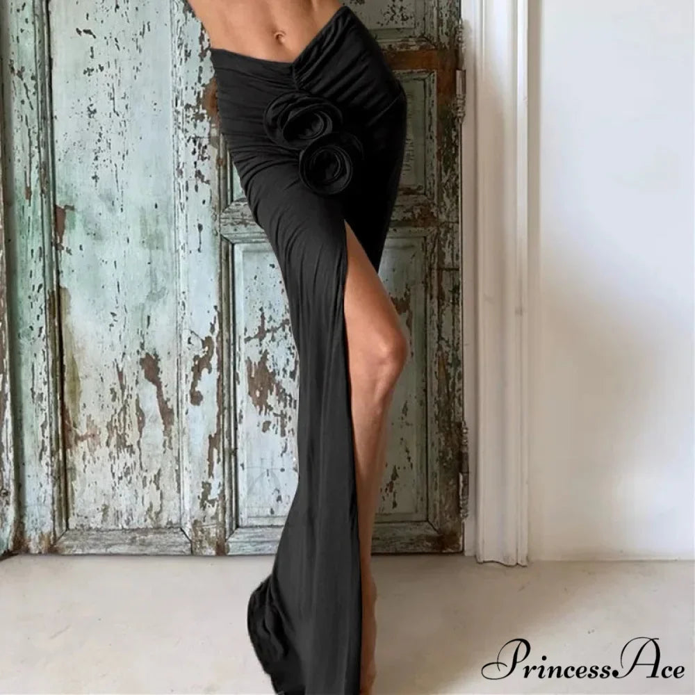 Gathered Divided Flower Ornamentation Long Skirt