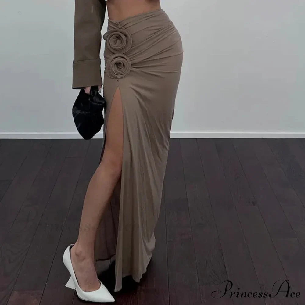 Gathered Divided Flower Ornamentation Long Skirt