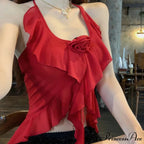 Gathered Frilled Halter Crop Top