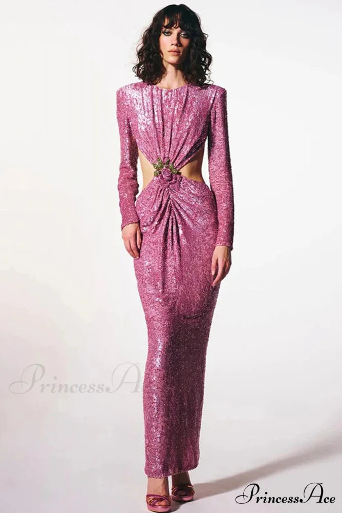 Gathered Sparkling Waist Cutout Prom Dress