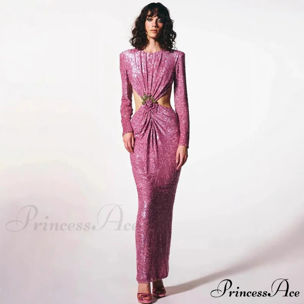 Gathered Sparkling Waist Cutout Prom Dress