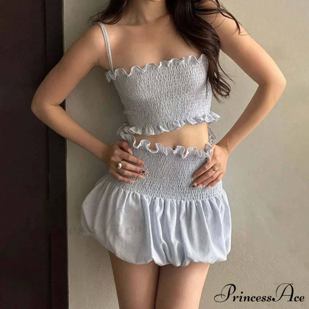 Gathered Tartan Camisole Crop Top Mini Bubble Skirt Two Pieces Set