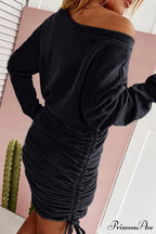 Gathering Dress with Drop Shoulder and Drawstring