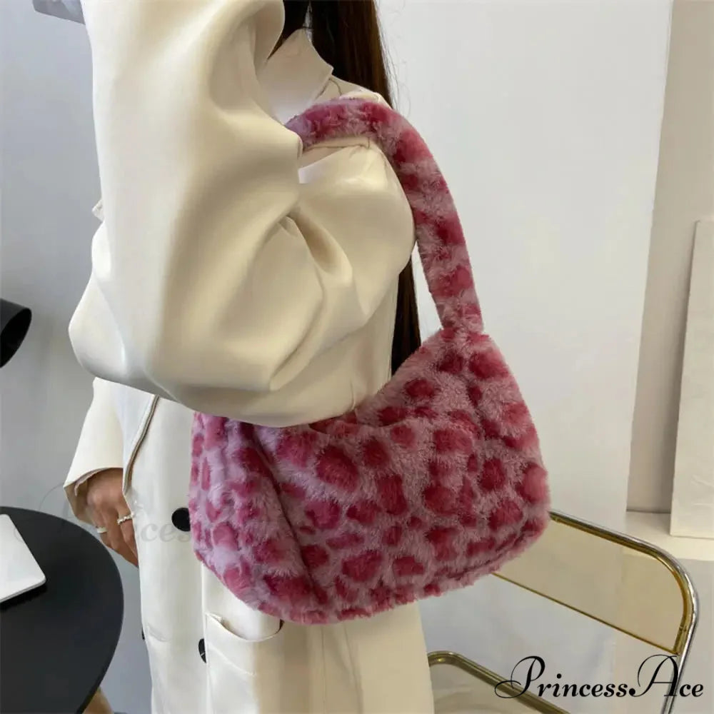 Gentle Fluffy Leopard Design Shoulder Tote Purse