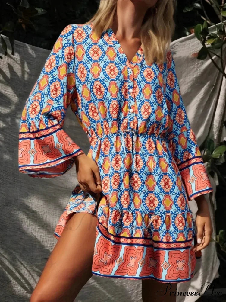 Geometric Print Bohemian Flare Sleeve Dress