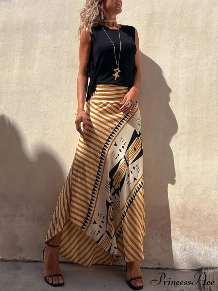 Geometric Print Elastic Charming Waist Maxi Skirt