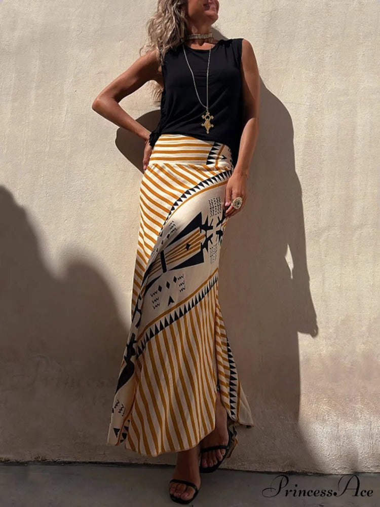 Geometric Print Elastic Charming Waist Maxi Skirt