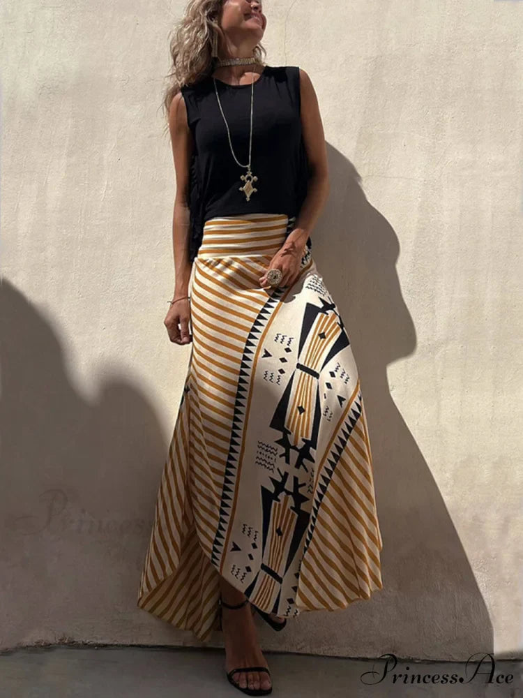 Geometric Print Elastic Charming Waist Maxi Skirt