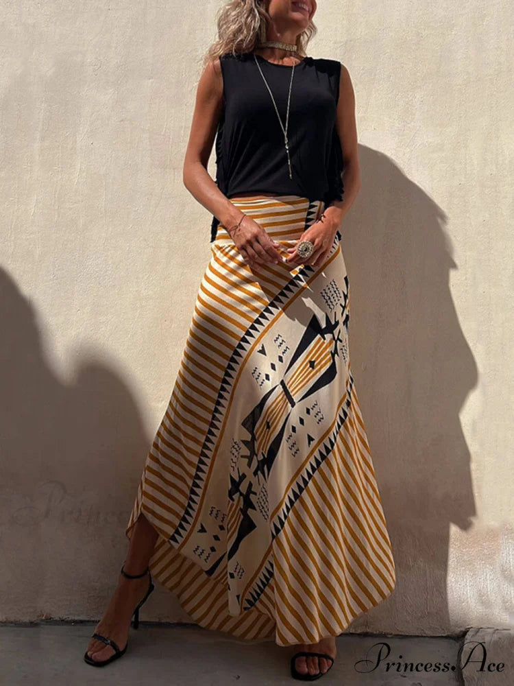 Geometric Print Elastic Charming Waist Maxi Skirt