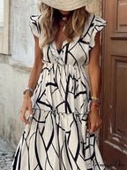 Geometric Print V-Neck Charming Ruffled Hem Maxi Dress