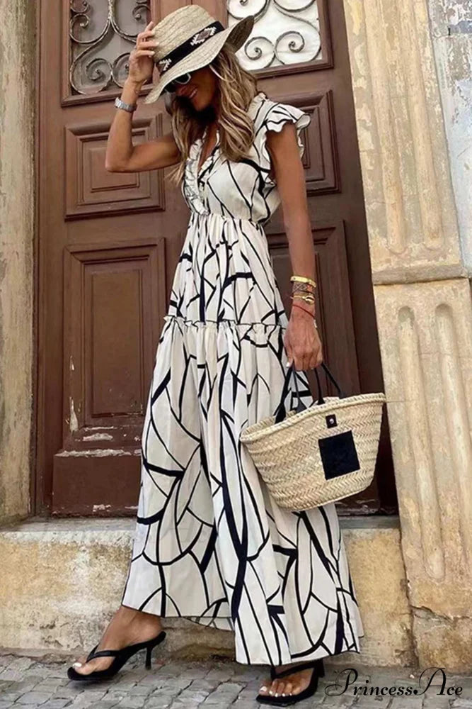 Geometric Print V Neck Ruffle Maxi Dress