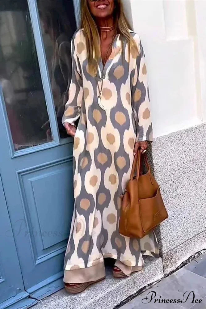 Geometric Printing Split Autumn V Neck Boho Dress