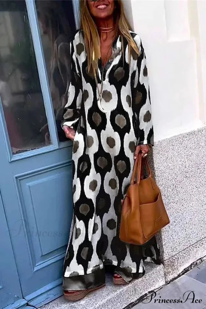 Geometric Printing Split Autumn V Neck Boho Dress