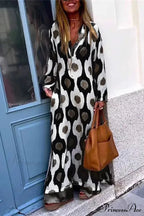 Geometric Printing Split Autumn V Neck Boho Dress