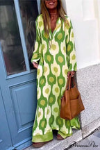 Geometric Printing Split Autumn V Neck Boho Dress