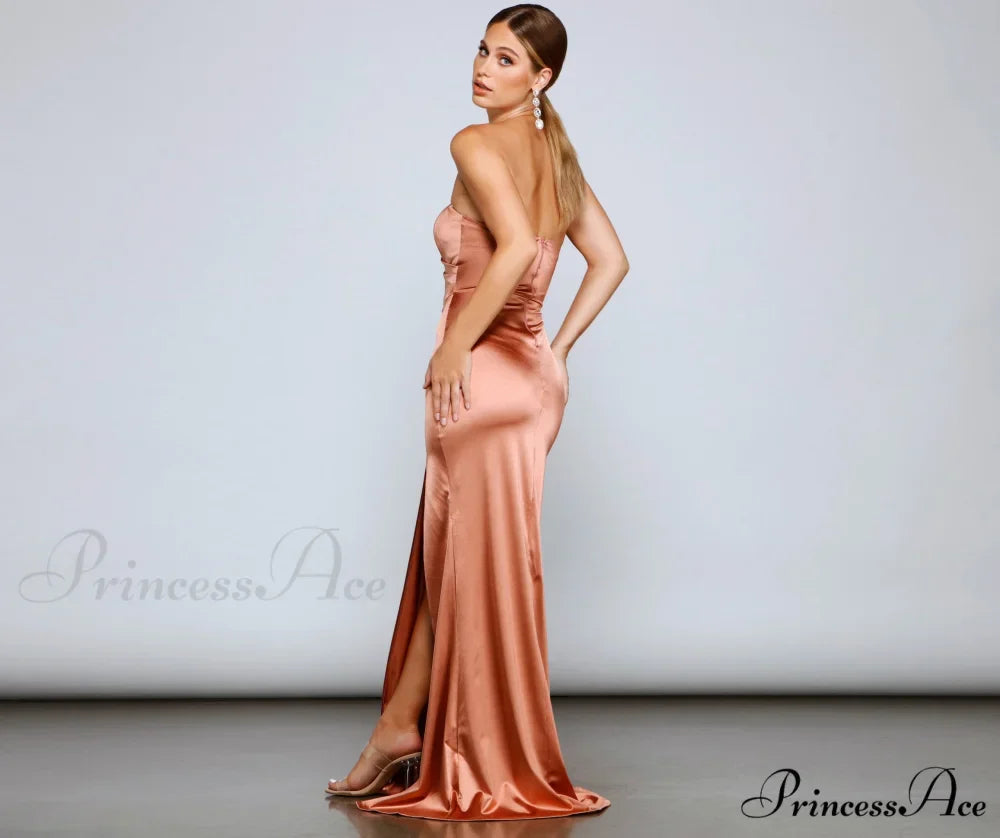 Gianna Strapless Stylish High-Slit Satin Dress