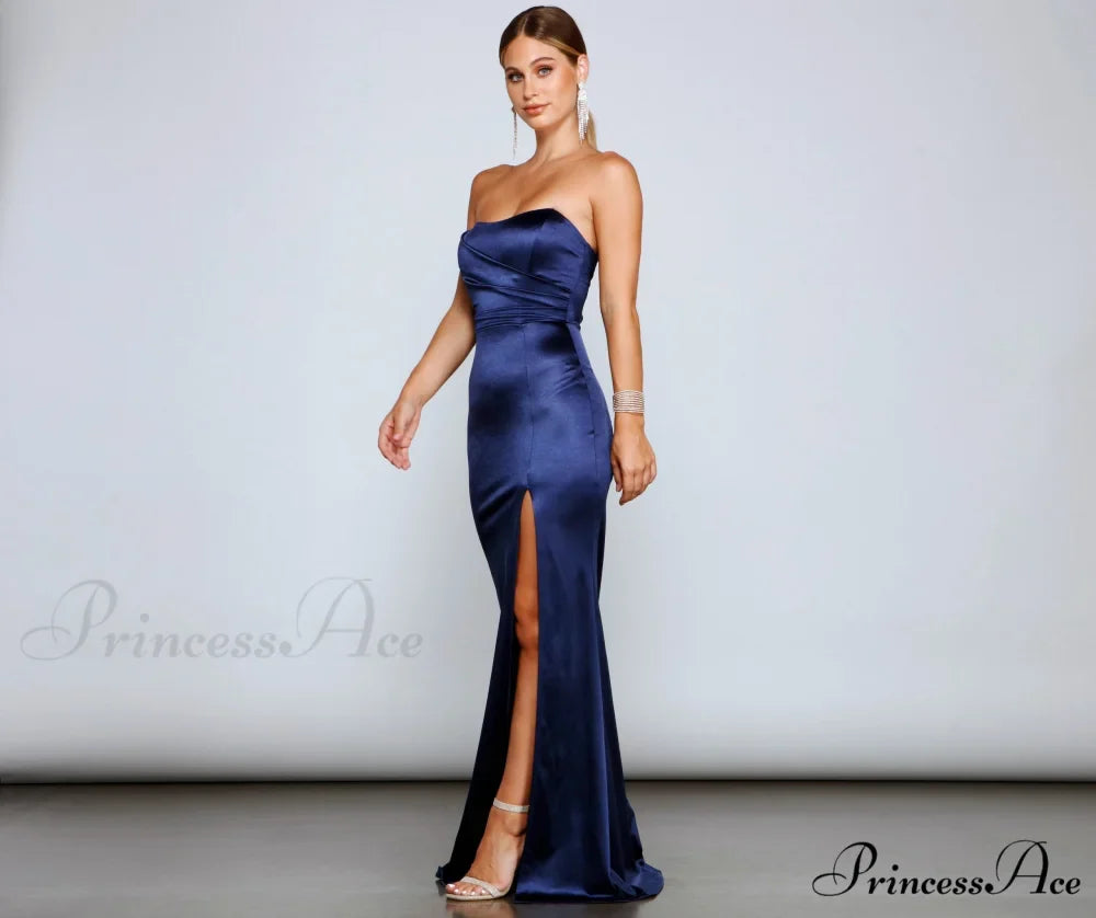Gianna Strapless Stylish High-Slit Satin Dress