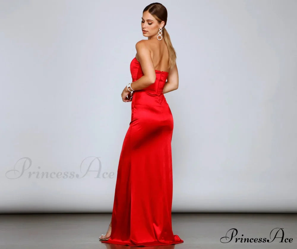 Gianna Strapless Stylish High-Slit Satin Dress