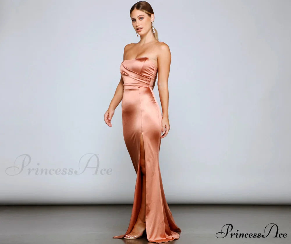 Gianna Strapless Stylish High-Slit Satin Dress