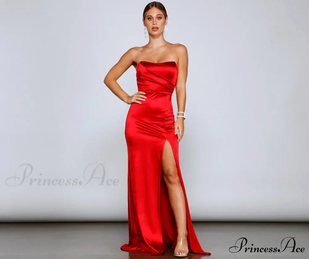 Gianna Strapless Stylish High-Slit Satin Dress