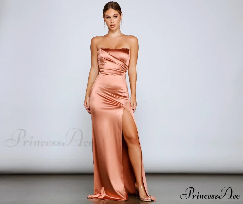 Gianna Strapless Stylish High-Slit Satin Dress