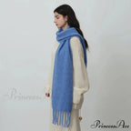 Glacier Blue Knitted Wool Scarf with Tassels for Women