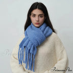 Glacier Blue Knitted Wool Scarf with Tassels for Women