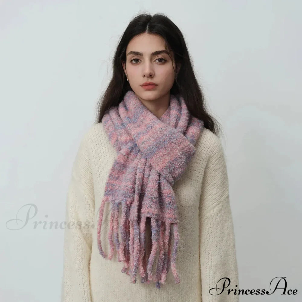 Glacier Blue Knitted Wool Scarf with Tassels for Women