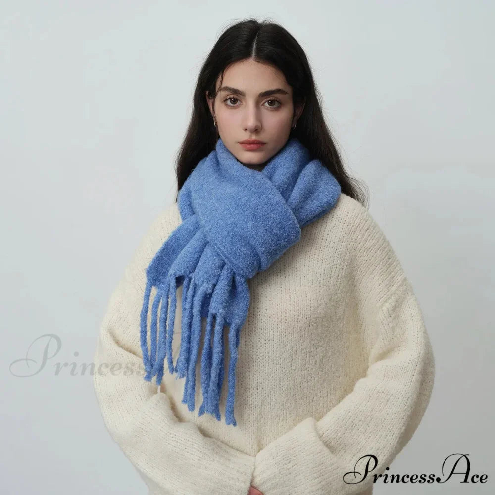 Glacier Blue Knitted Wool Scarf with Tassels for Women
