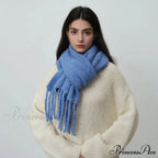 Glacier Blue Knitted Wool Scarf with Tassels for Women