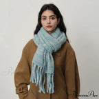 Glacier Blue Knitted Wool Scarf with Tassels for Women