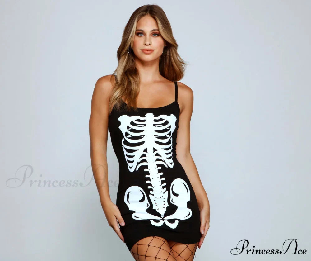 Glam Ghoul Skeleton Charming Print Mini Dress