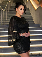 Glitter Cape Mini Black Round Neck Party Dress