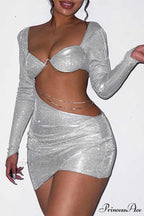 Glitter Chain Long Sleeve Ruched Mini Dress