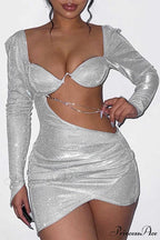 Glitter Chain Long Sleeve Ruched Mini Dress