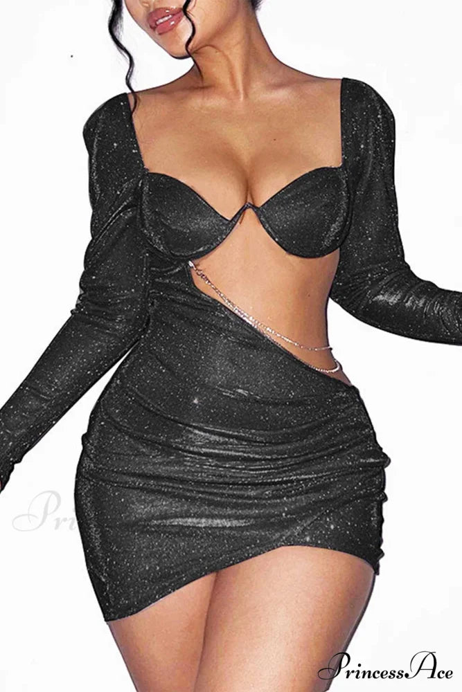 Glitter Chain Long Sleeve Ruched Mini Dress