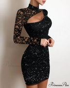 Glitter Contrast Lace Cutout Long Sleeve Bodycon Mini Dress