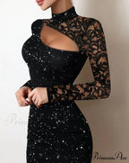 Glitter Contrast Lace Cutout Long Sleeve Bodycon Mini Dress