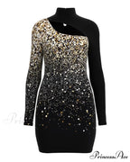 Glitter Contrast Lace Cutout Long Sleeve Bodycon Mini Dress