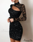 Glitter Contrast Lace Cutout Long Sleeve Bodycon Mini Dress