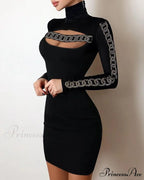 Glitter Contrast Lace Cutout Long Sleeve Bodycon Mini Dress