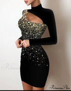 Glitter Contrast Lace Cutout Long Sleeve Bodycon Mini Dress