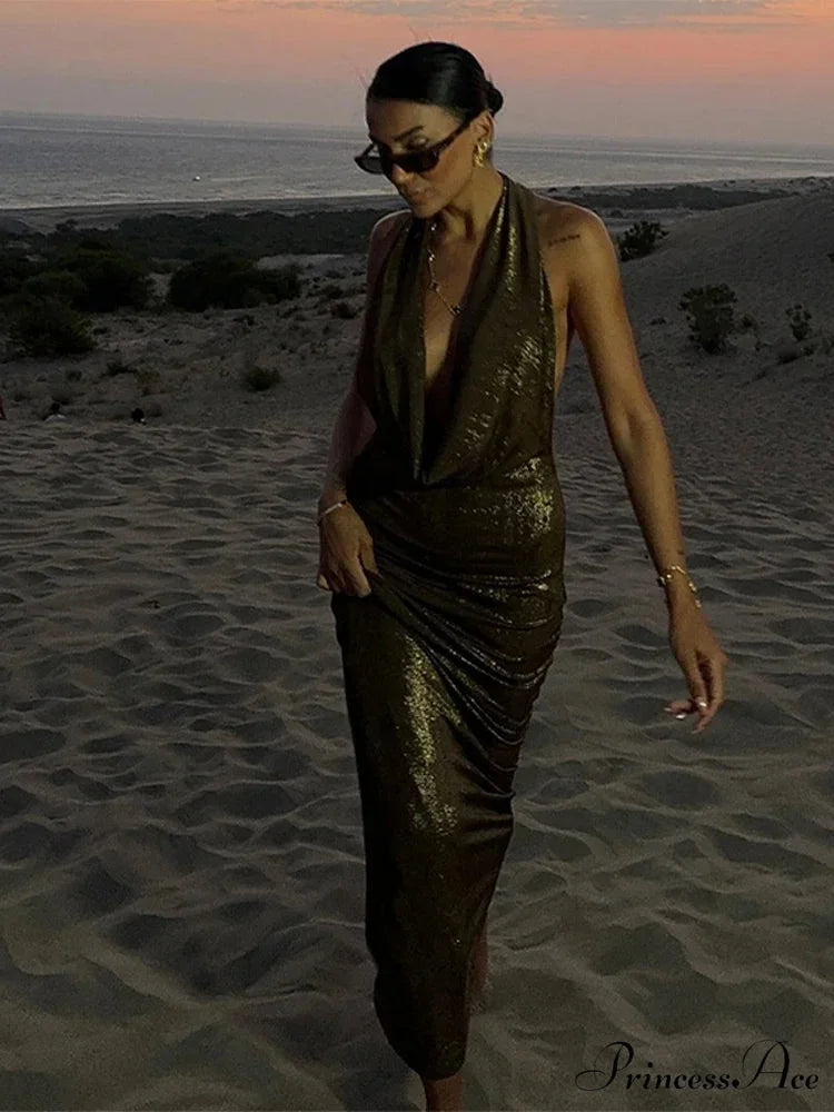 Glitter Halter Maxi Party Dress