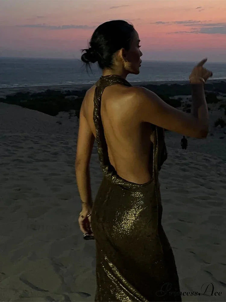 Glitter Halter Maxi Party Dress
