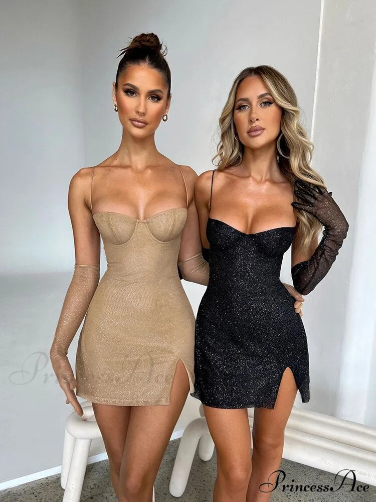 Glitter Party Club Fashion Outfits Spaghetti Strap Sexy Slit Dress