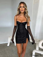 Glitter Party Club Fashion Outfits Spaghetti Strap Sexy Slit Dress