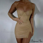 Glitter Party Club Fashion Outfits Spaghetti Strap Sexy Slit Dress